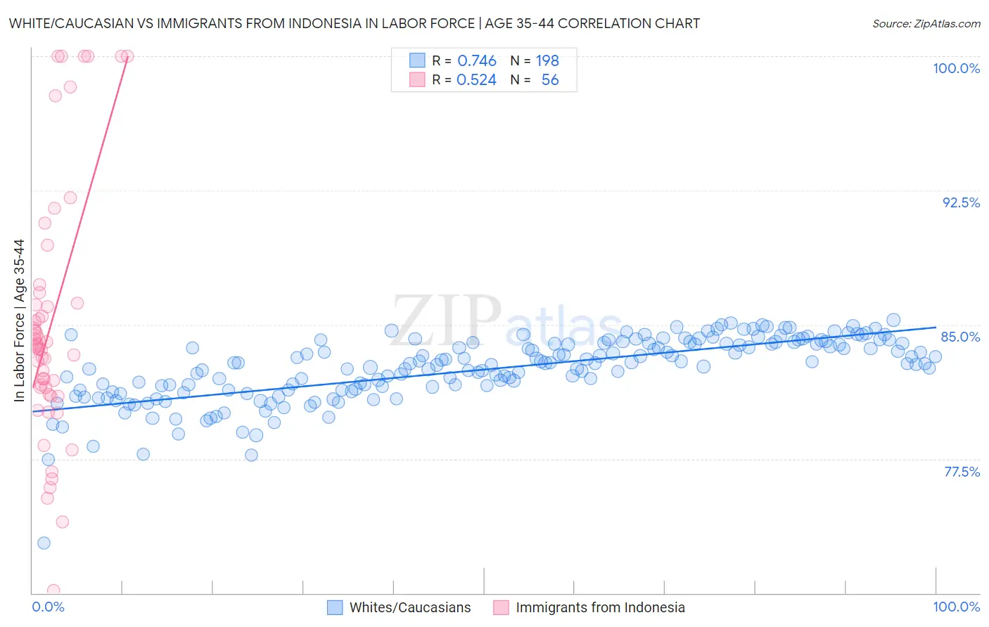 White/Caucasian vs Immigrants from Indonesia In Labor Force | Age 35-44