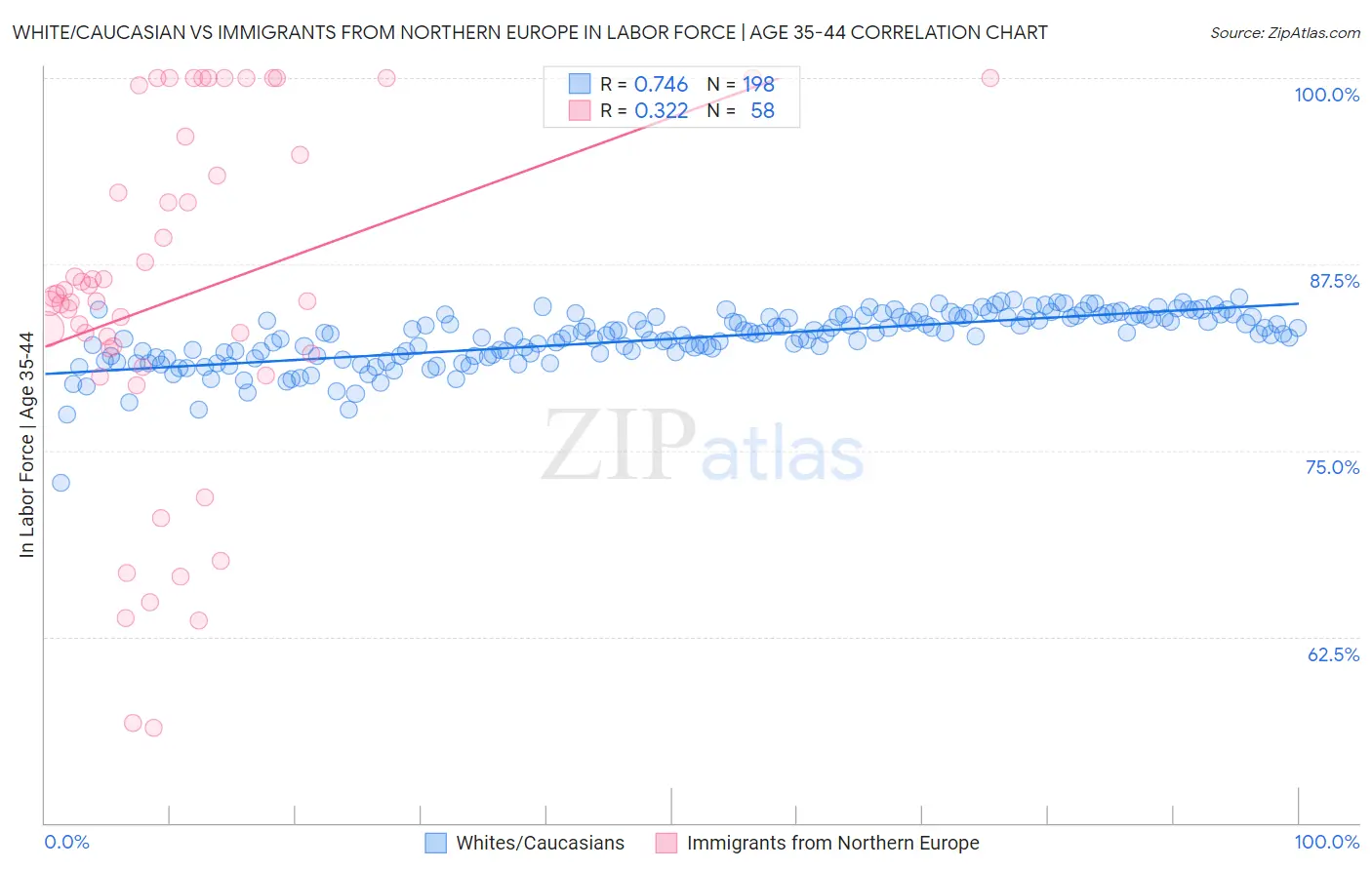 White/Caucasian vs Immigrants from Northern Europe In Labor Force | Age 35-44