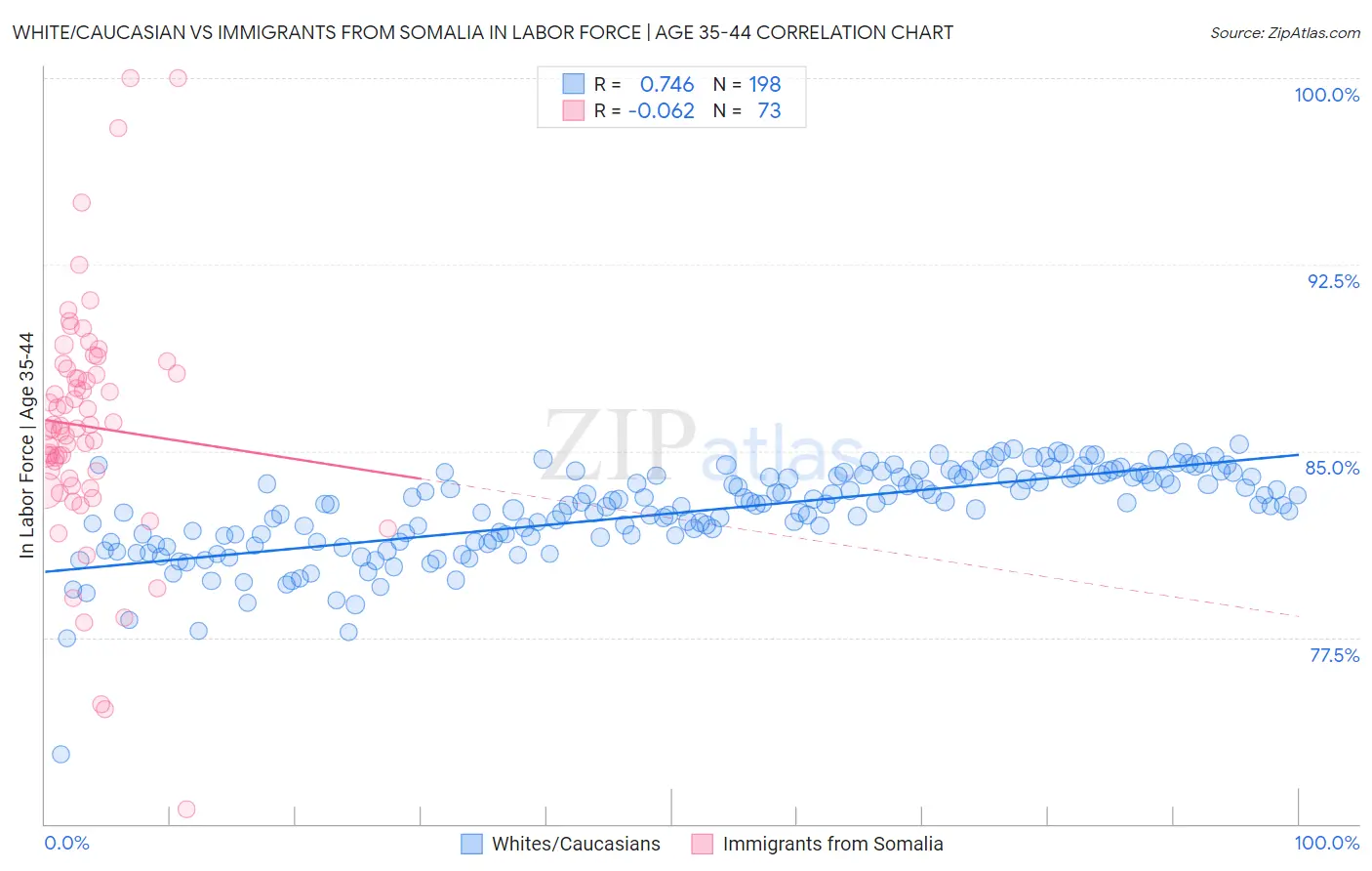 White/Caucasian vs Immigrants from Somalia In Labor Force | Age 35-44