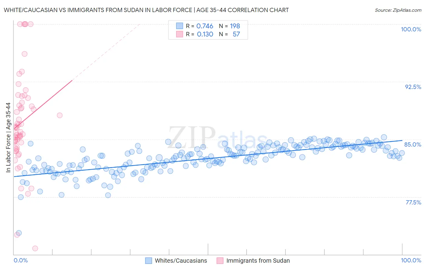 White/Caucasian vs Immigrants from Sudan In Labor Force | Age 35-44