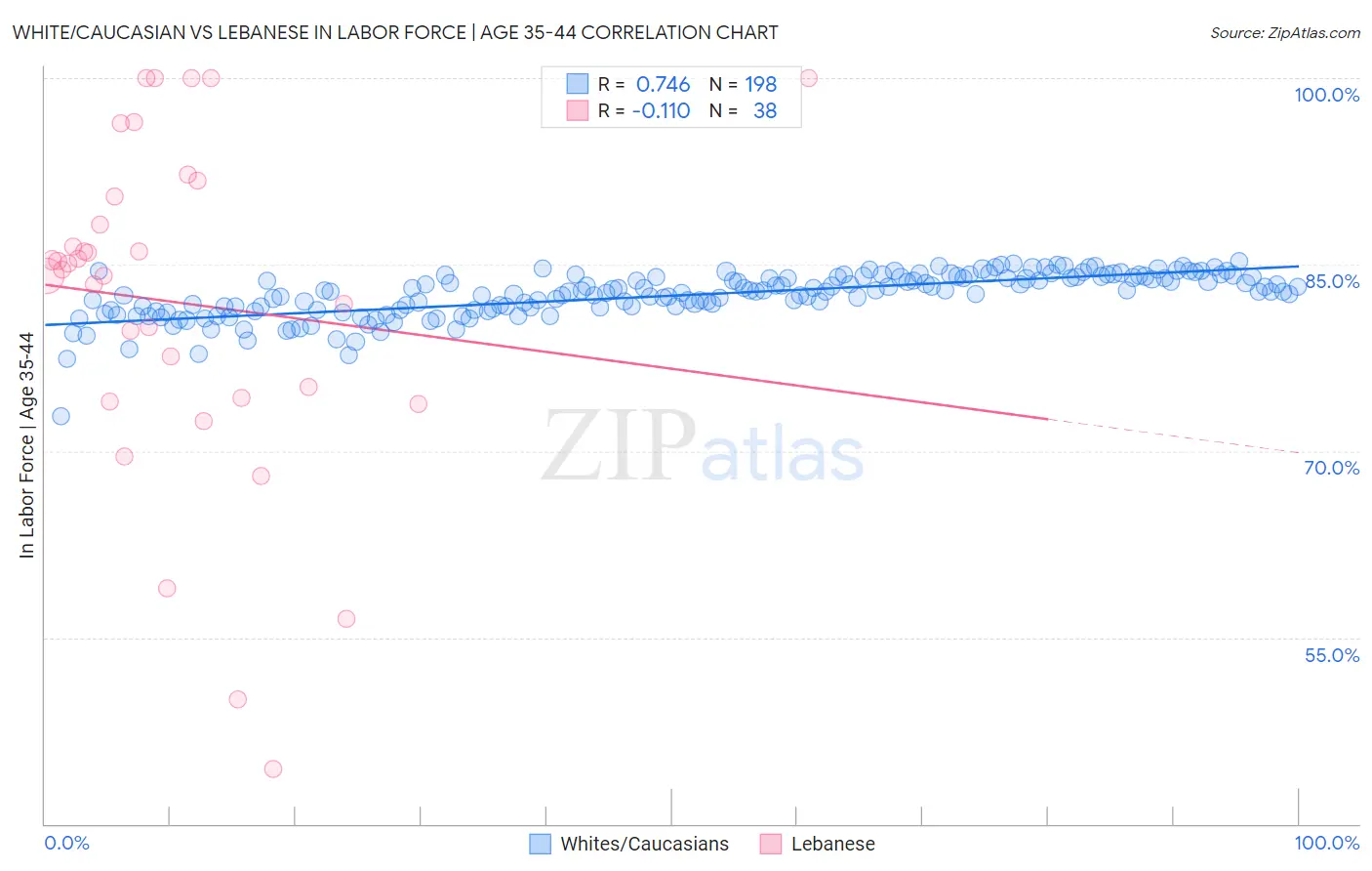 White/Caucasian vs Lebanese In Labor Force | Age 35-44