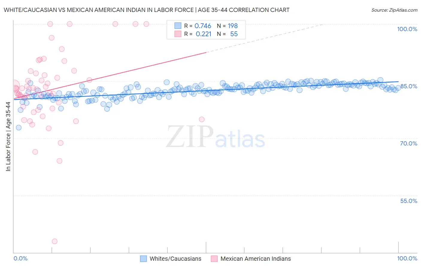 White/Caucasian vs Mexican American Indian In Labor Force | Age 35-44