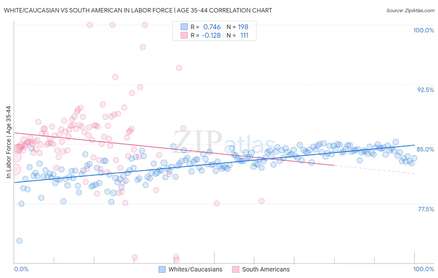 White/Caucasian vs South American In Labor Force | Age 35-44