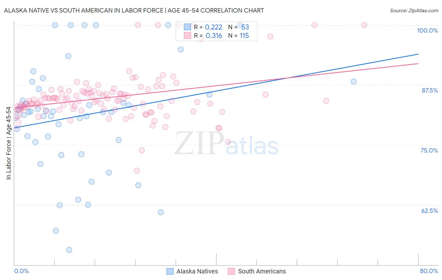 Alaska Native vs South American In Labor Force | Age 45-54