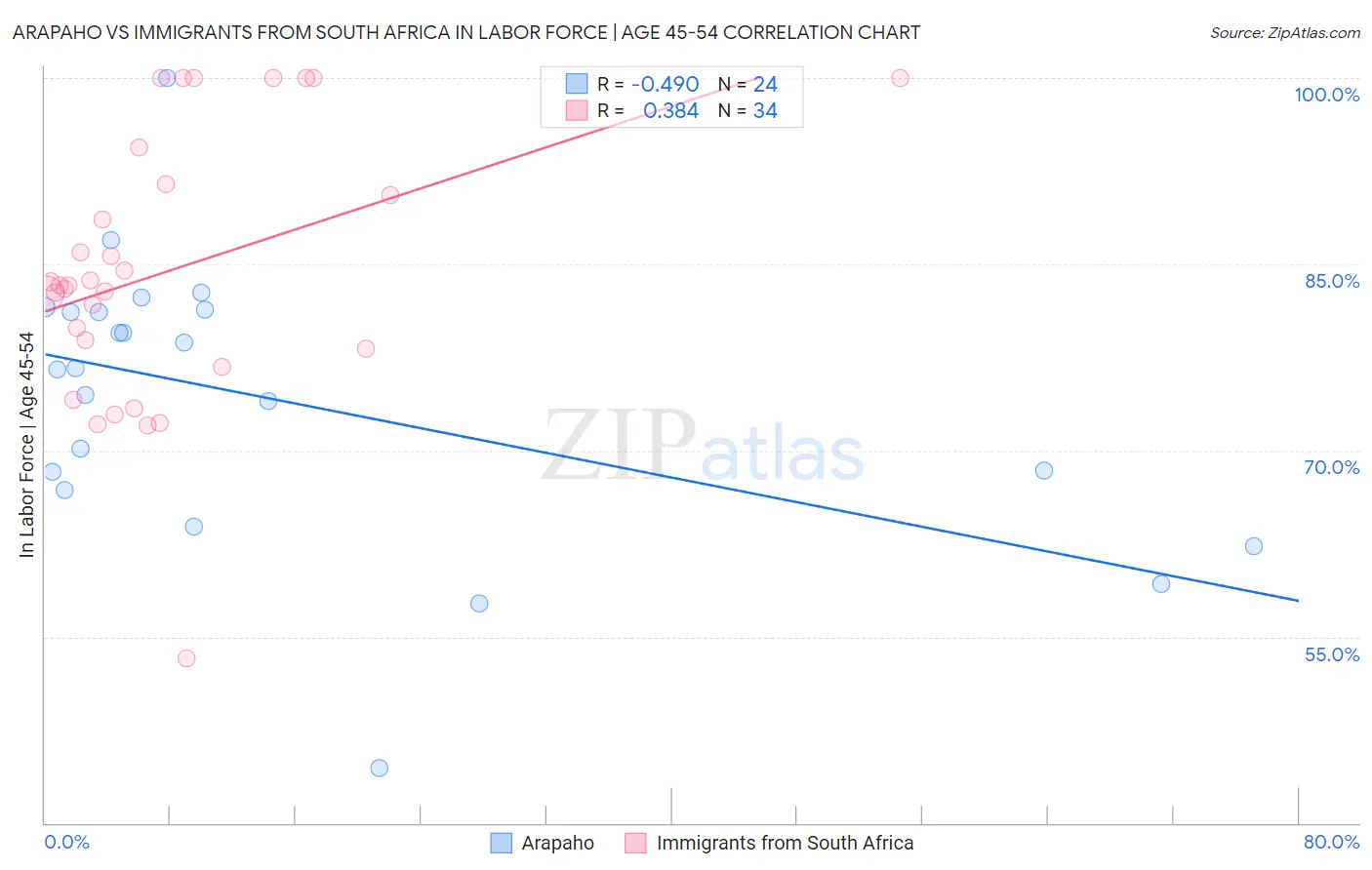 Arapaho vs Immigrants from South Africa In Labor Force | Age 45-54