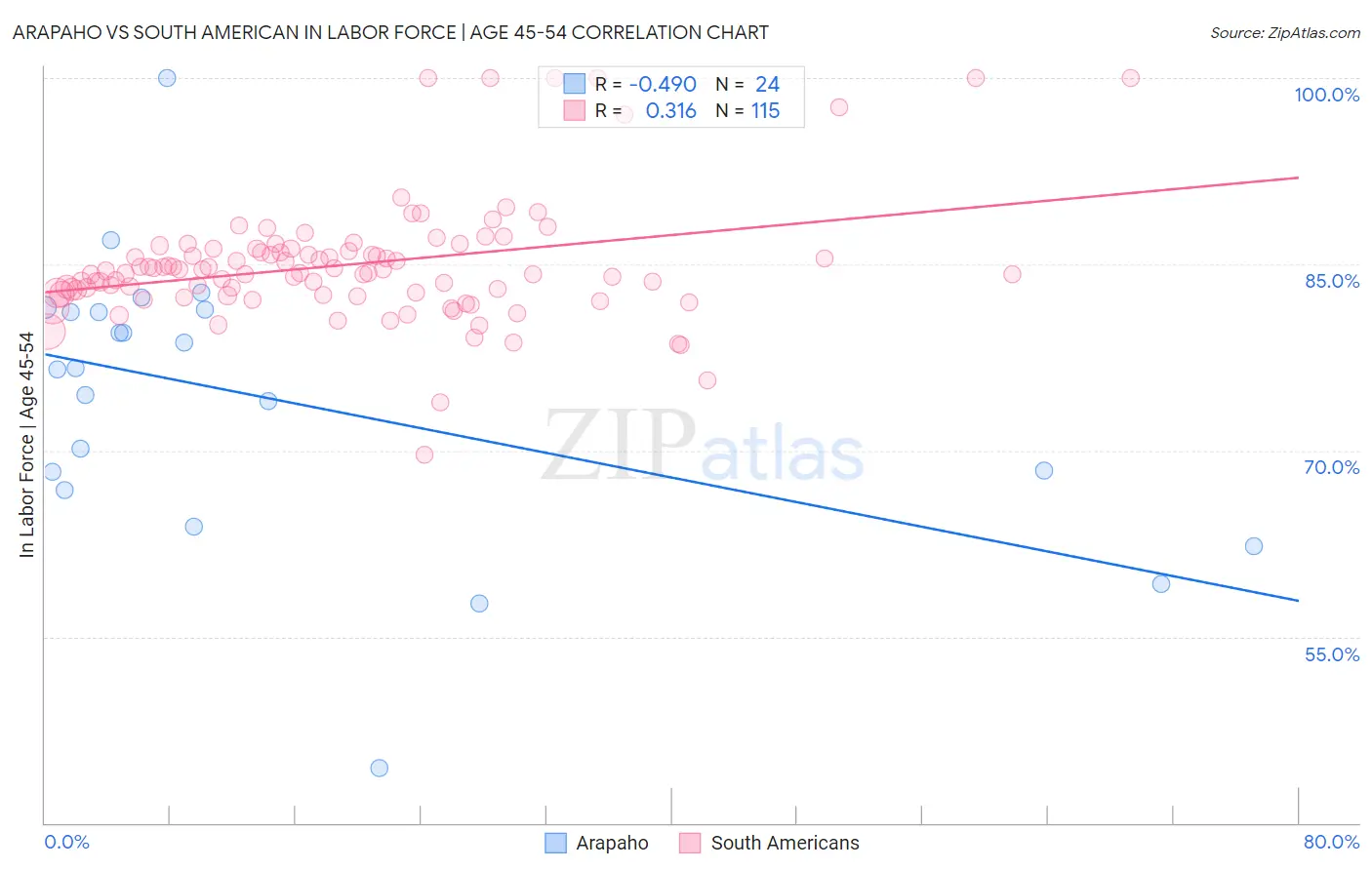 Arapaho vs South American In Labor Force | Age 45-54