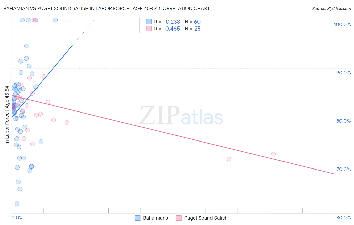 Bahamian vs Puget Sound Salish In Labor Force | Age 45-54