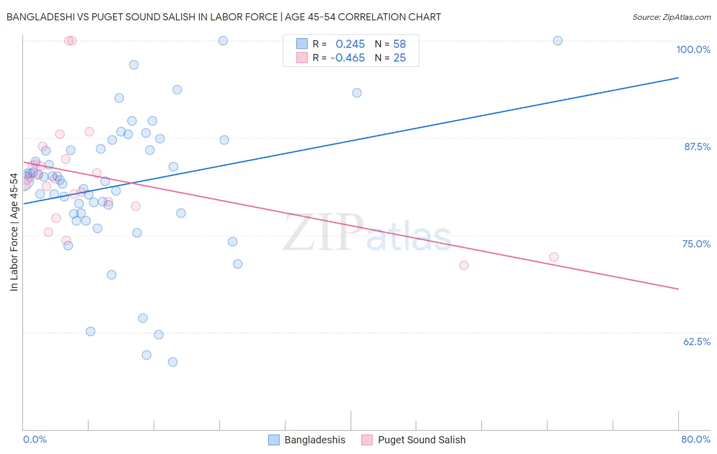 Bangladeshi vs Puget Sound Salish In Labor Force | Age 45-54