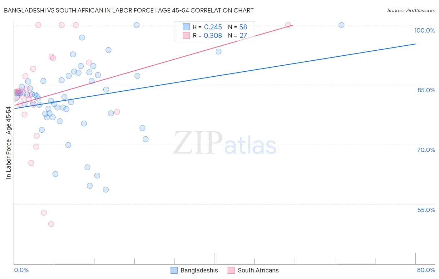 Bangladeshi vs South African In Labor Force | Age 45-54