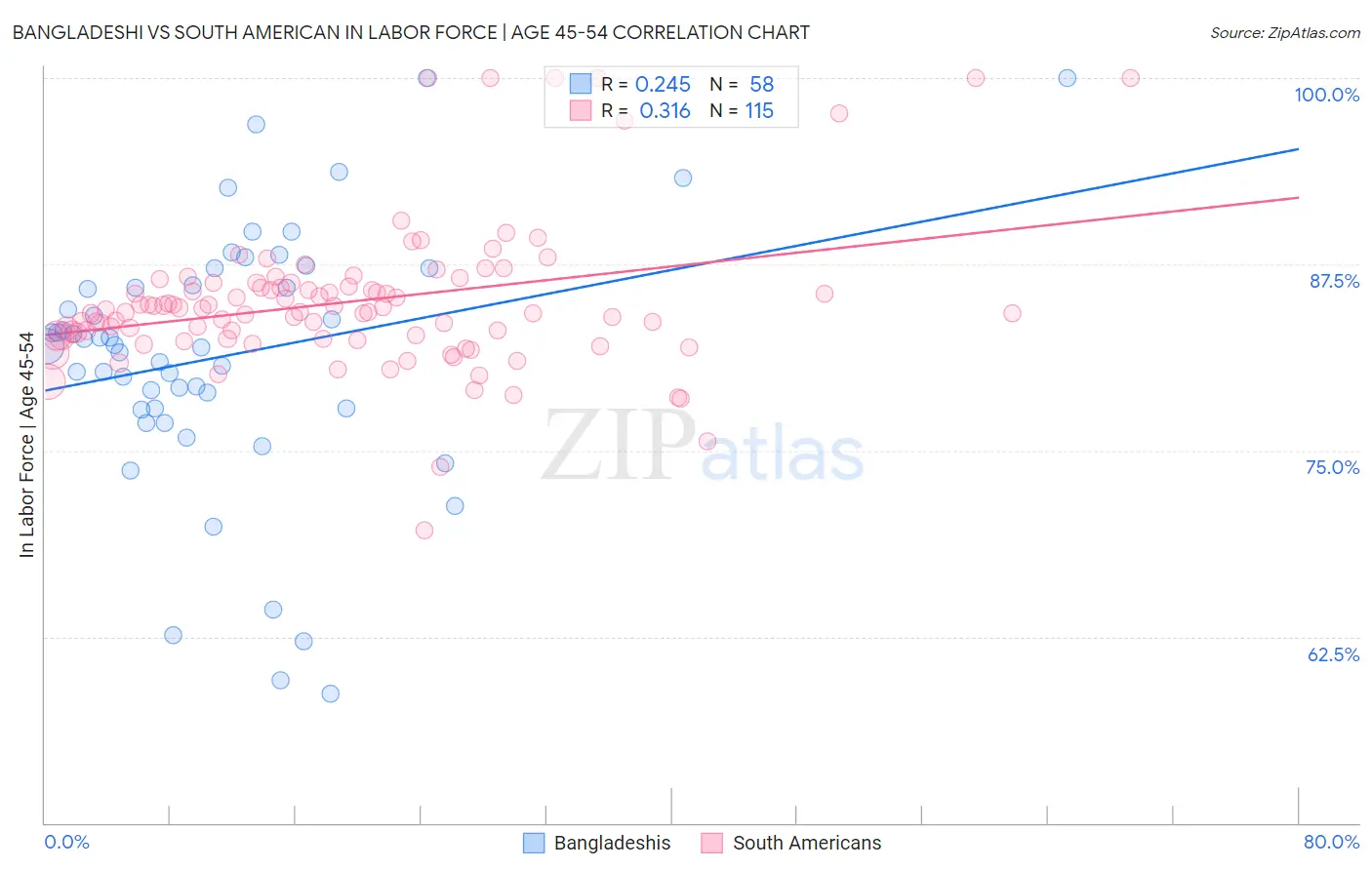 Bangladeshi vs South American In Labor Force | Age 45-54