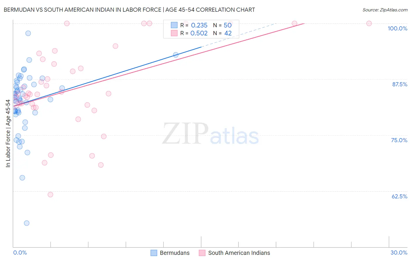 Bermudan vs South American Indian In Labor Force | Age 45-54