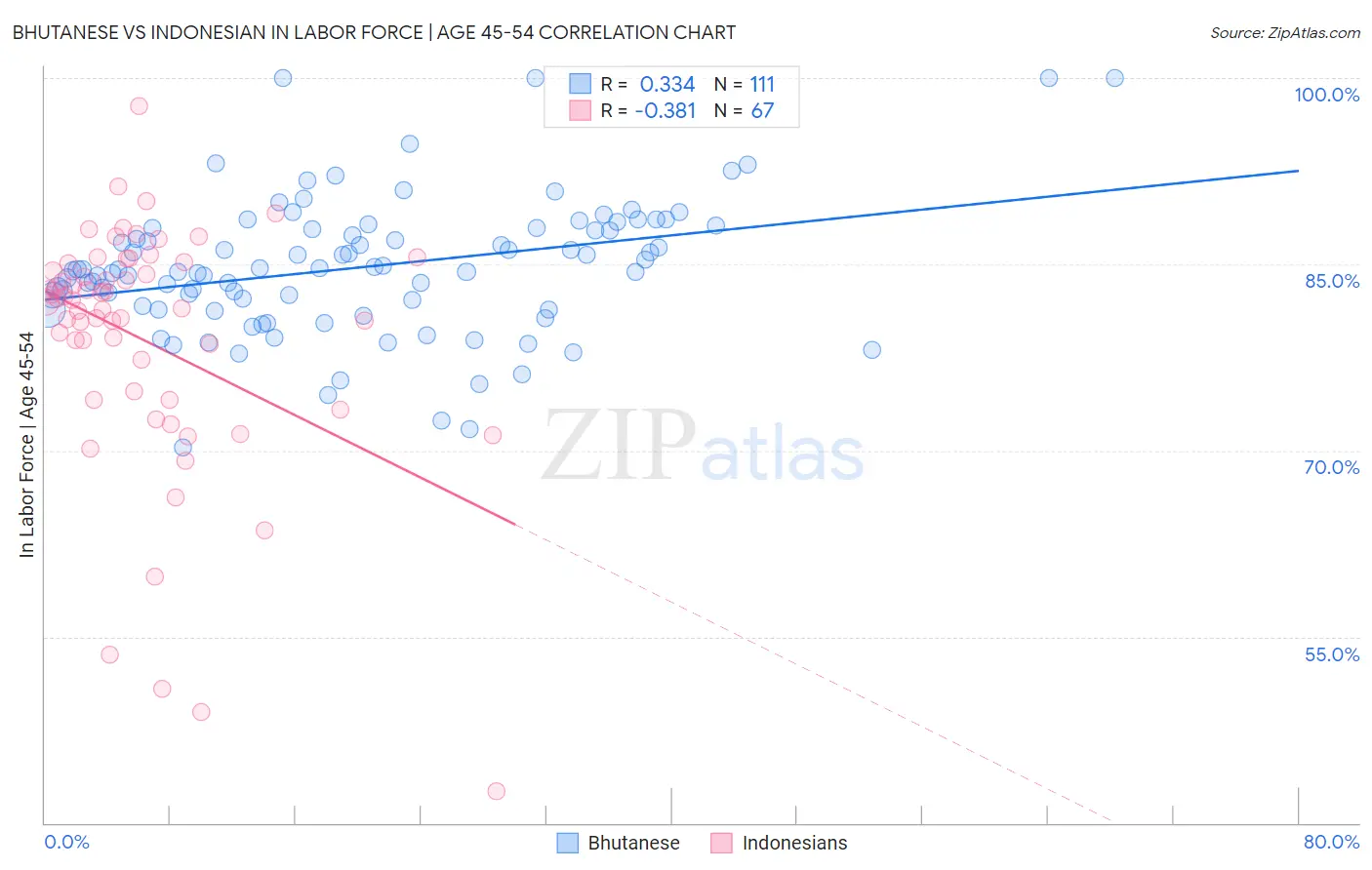 Bhutanese vs Indonesian In Labor Force | Age 45-54