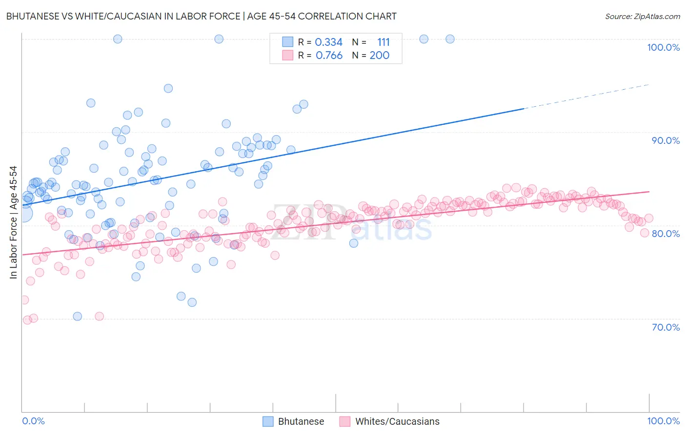 Bhutanese vs White/Caucasian In Labor Force | Age 45-54