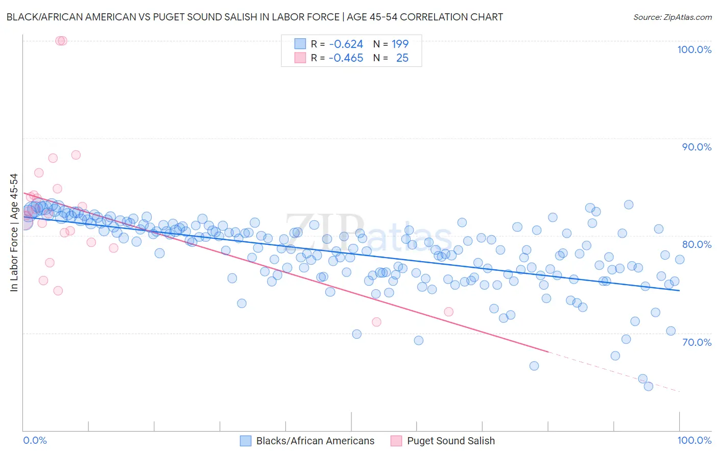 Black/African American vs Puget Sound Salish In Labor Force | Age 45-54