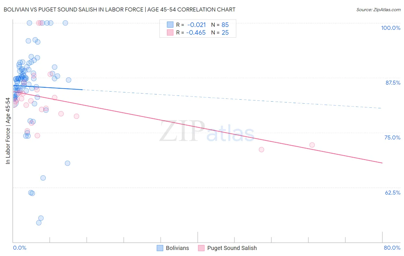 Bolivian vs Puget Sound Salish In Labor Force | Age 45-54