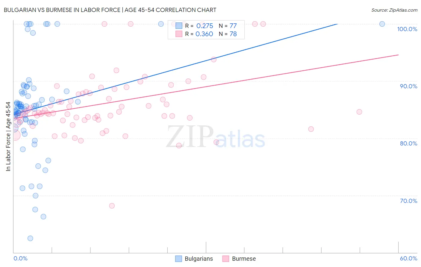 Bulgarian vs Burmese In Labor Force | Age 45-54