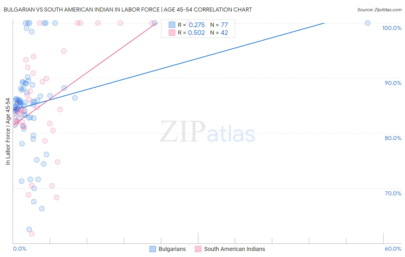 Bulgarian vs South American Indian In Labor Force | Age 45-54