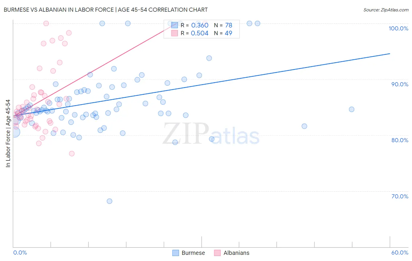 Burmese vs Albanian In Labor Force | Age 45-54