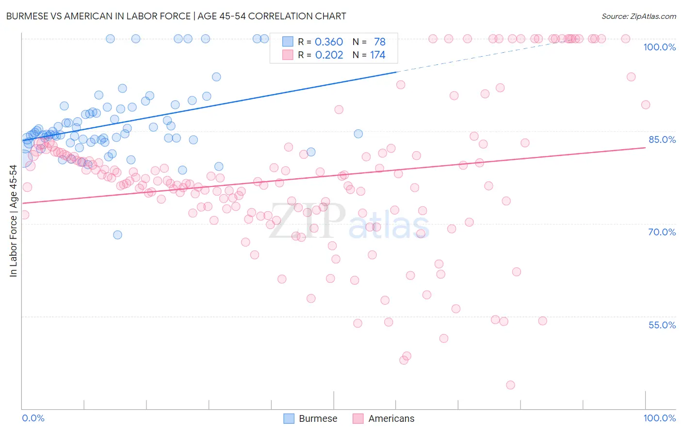 Burmese vs American In Labor Force | Age 45-54