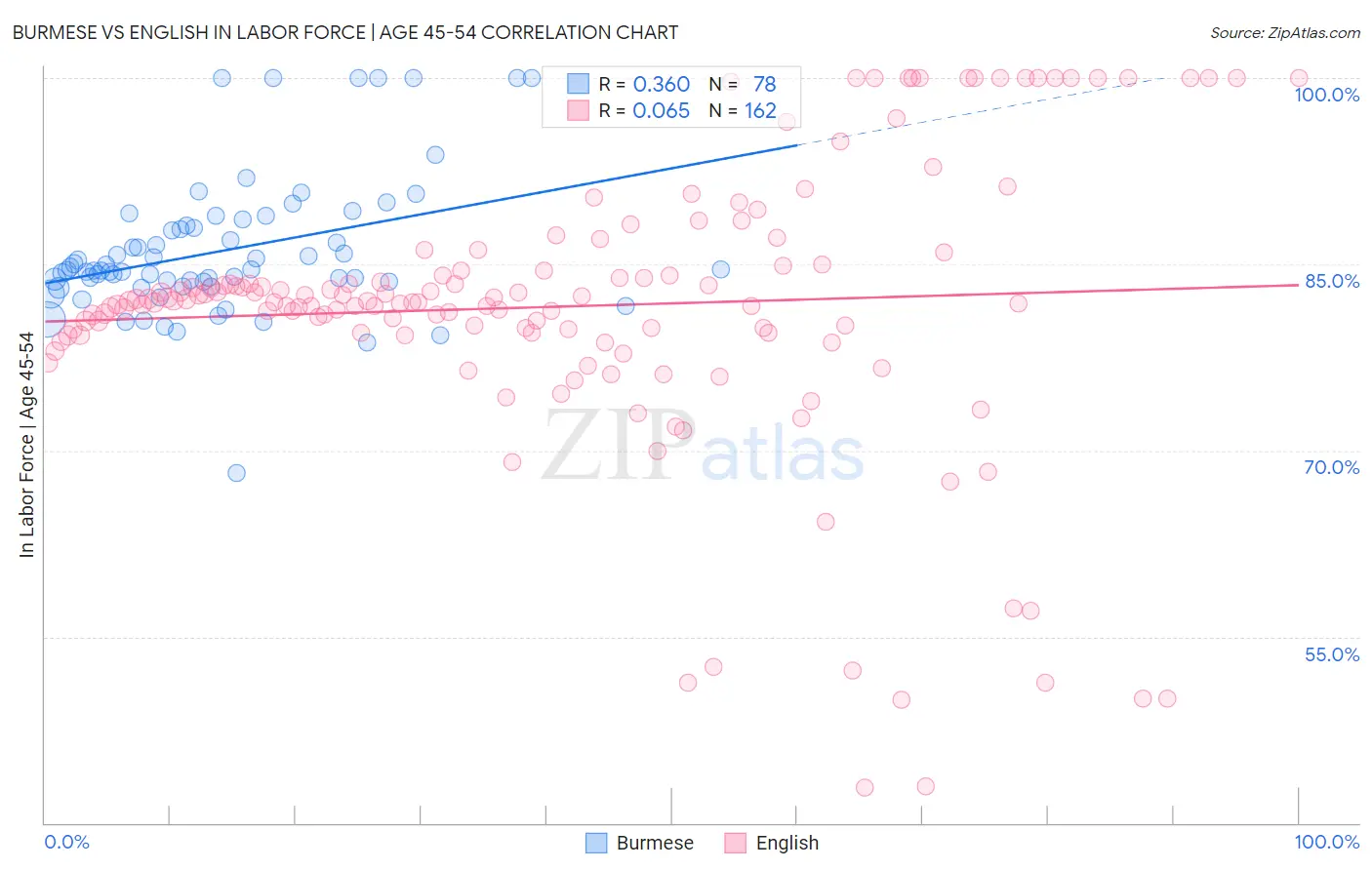 Burmese vs English In Labor Force | Age 45-54