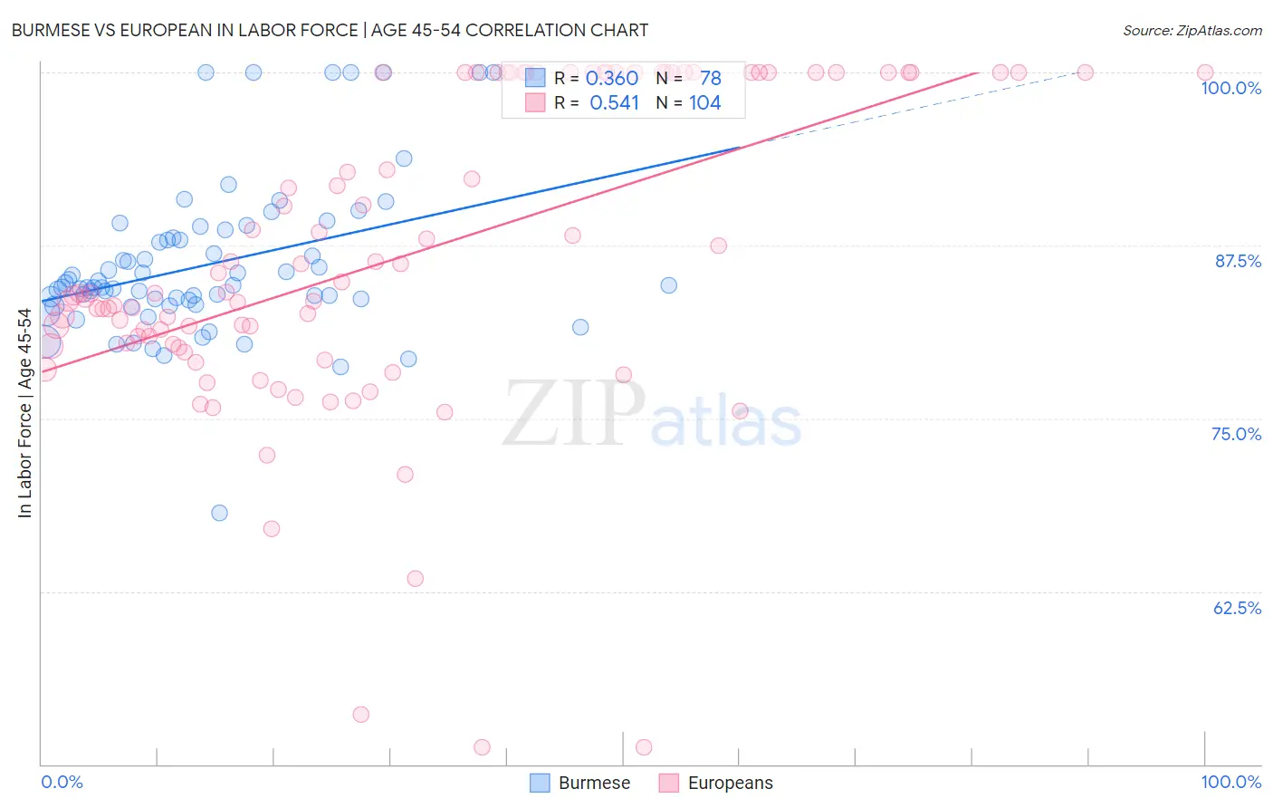 Burmese vs European In Labor Force | Age 45-54