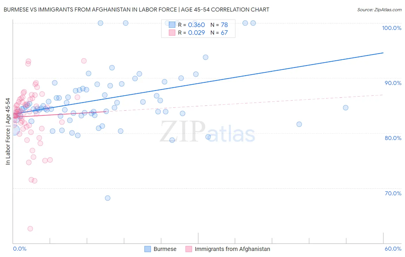 Burmese vs Immigrants from Afghanistan In Labor Force | Age 45-54