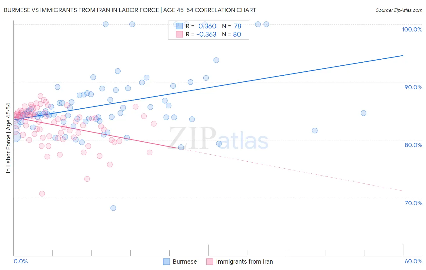 Burmese vs Immigrants from Iran In Labor Force | Age 45-54