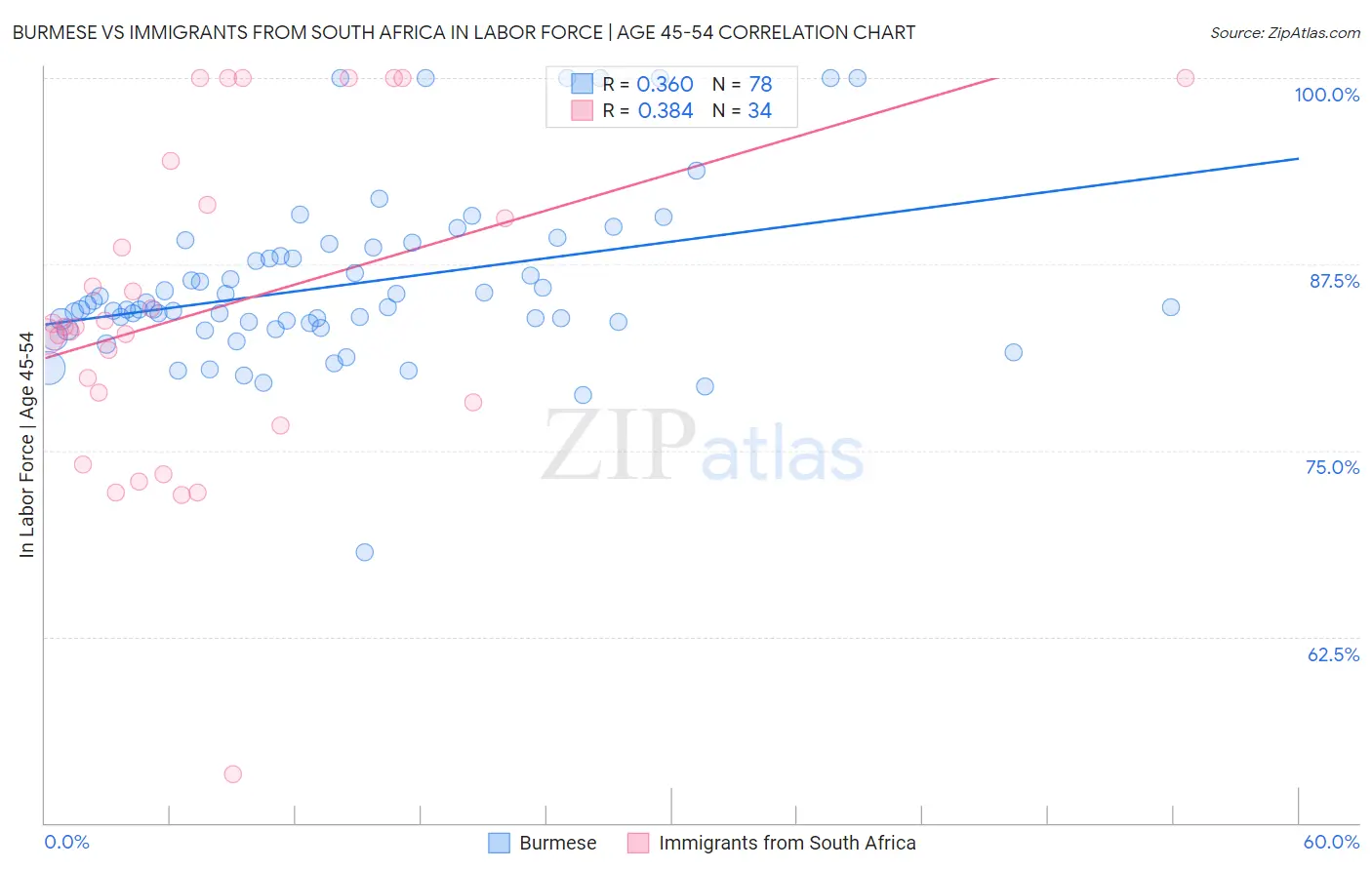 Burmese vs Immigrants from South Africa In Labor Force | Age 45-54