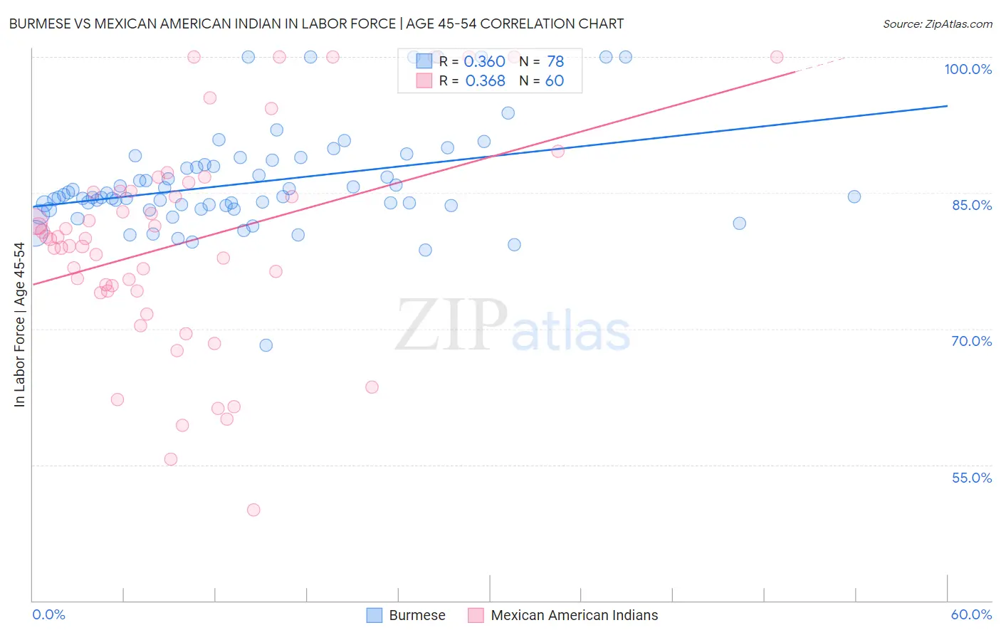 Burmese vs Mexican American Indian In Labor Force | Age 45-54