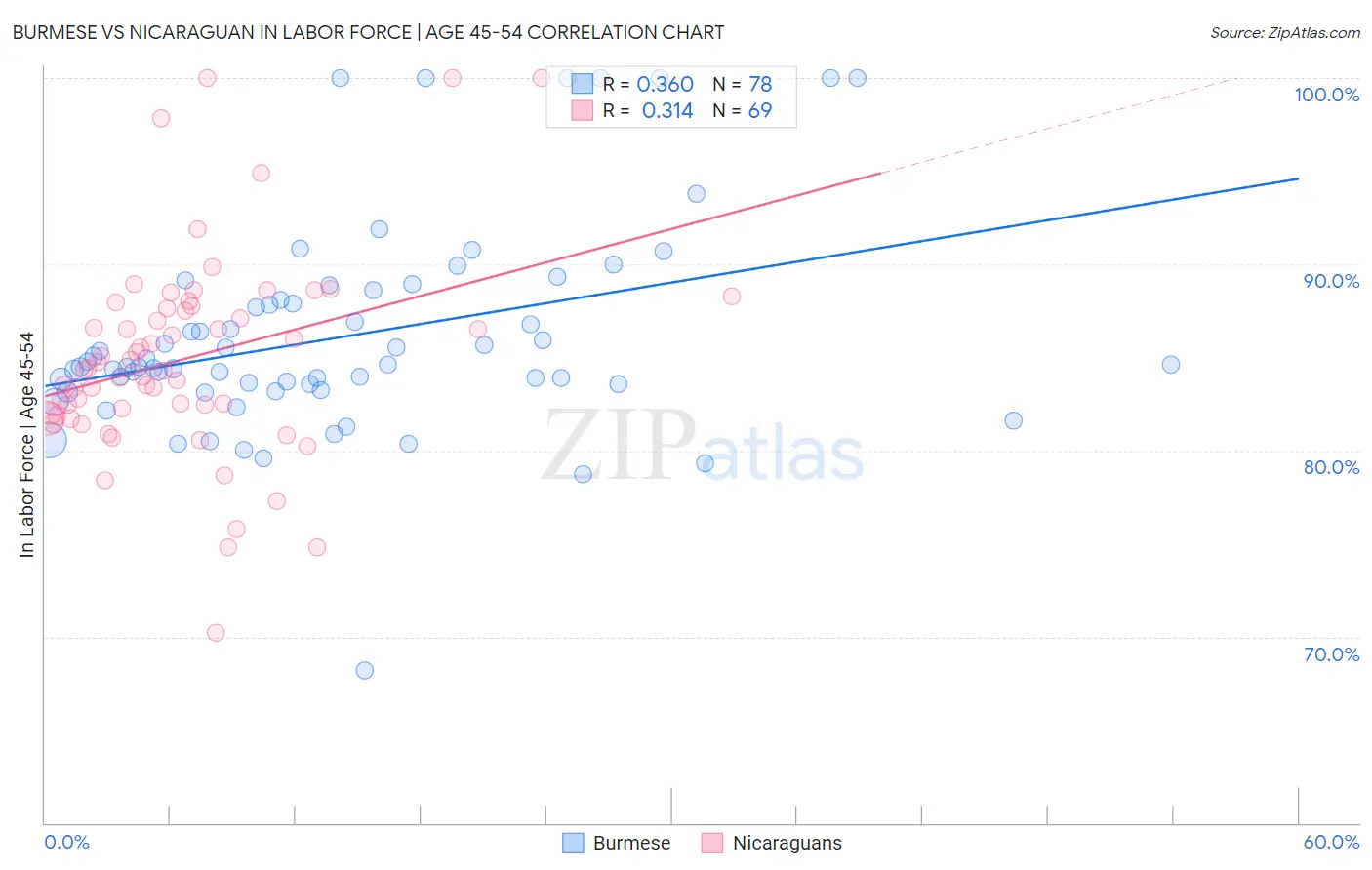 Burmese vs Nicaraguan In Labor Force | Age 45-54