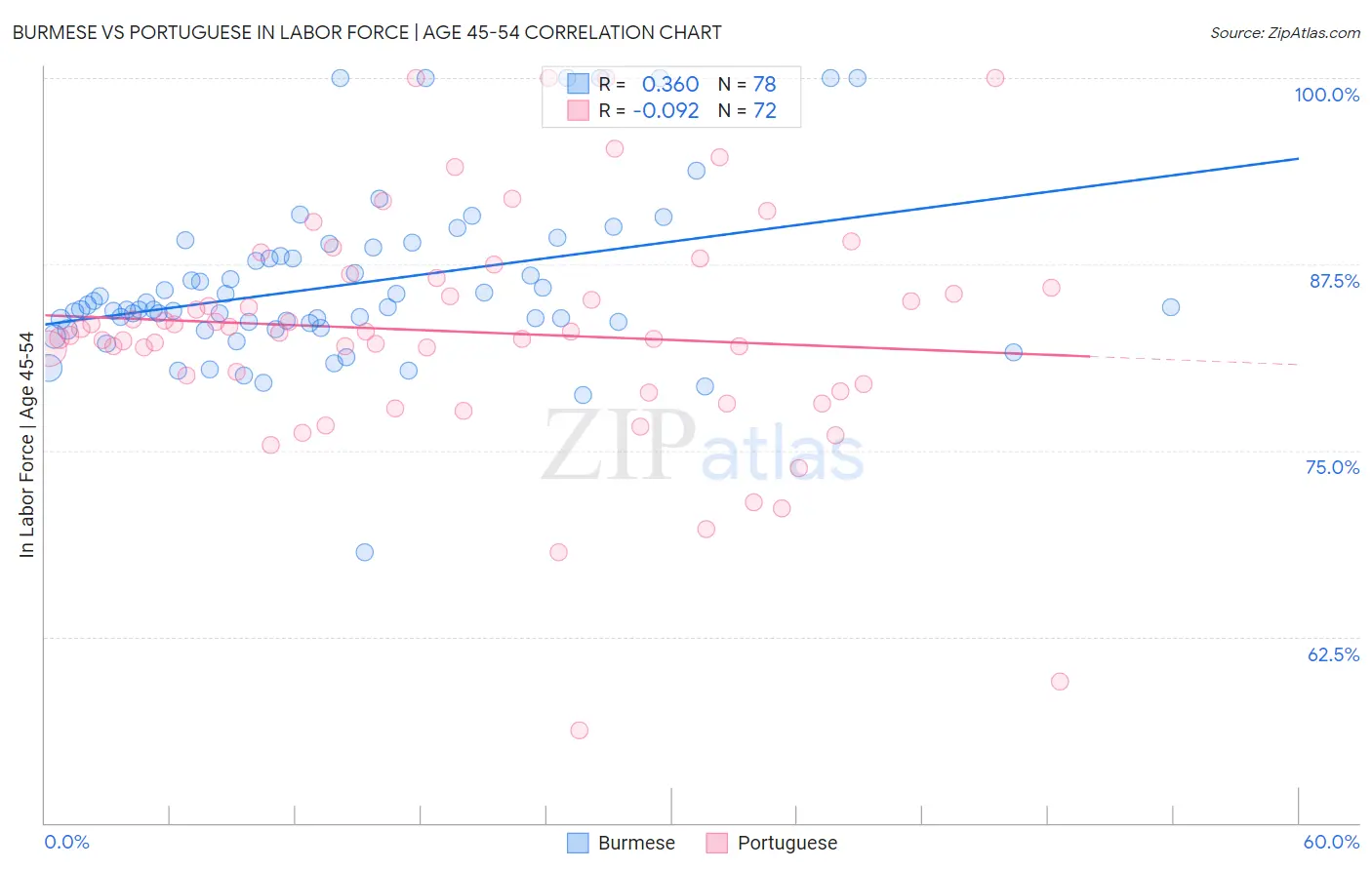 Burmese vs Portuguese In Labor Force | Age 45-54