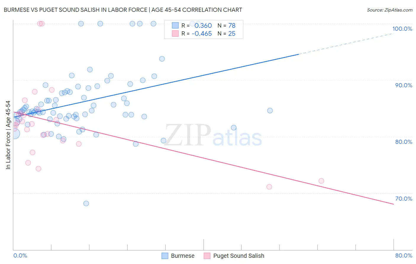Burmese vs Puget Sound Salish In Labor Force | Age 45-54