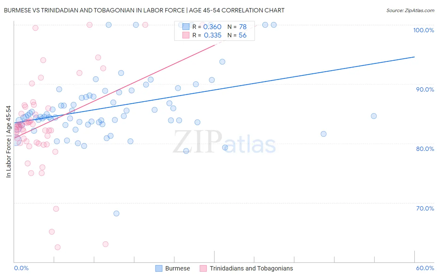 Burmese vs Trinidadian and Tobagonian In Labor Force | Age 45-54