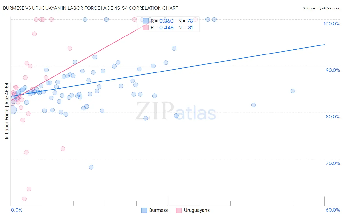 Burmese vs Uruguayan In Labor Force | Age 45-54