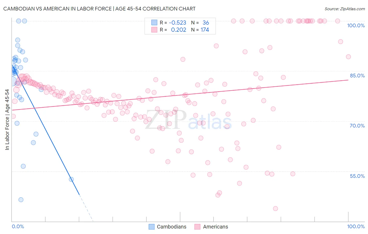 Cambodian vs American In Labor Force | Age 45-54
