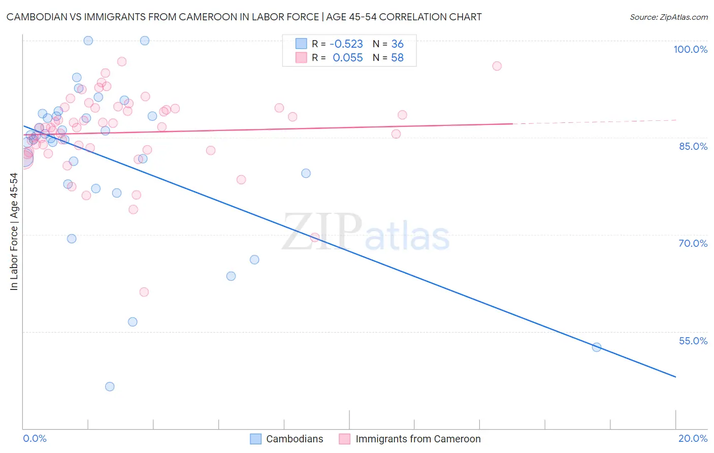 Cambodian vs Immigrants from Cameroon In Labor Force | Age 45-54
