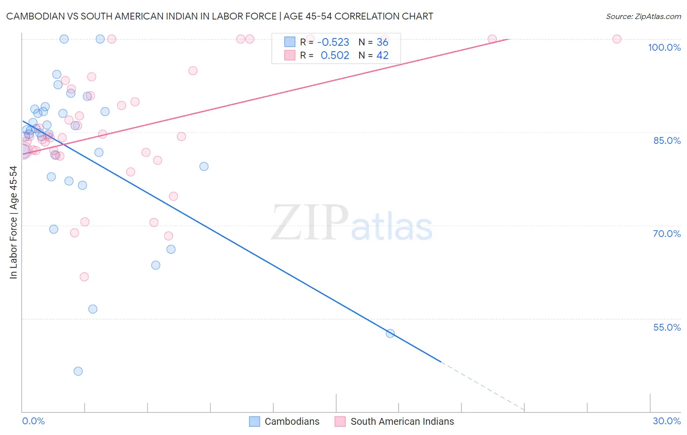 Cambodian vs South American Indian In Labor Force | Age 45-54