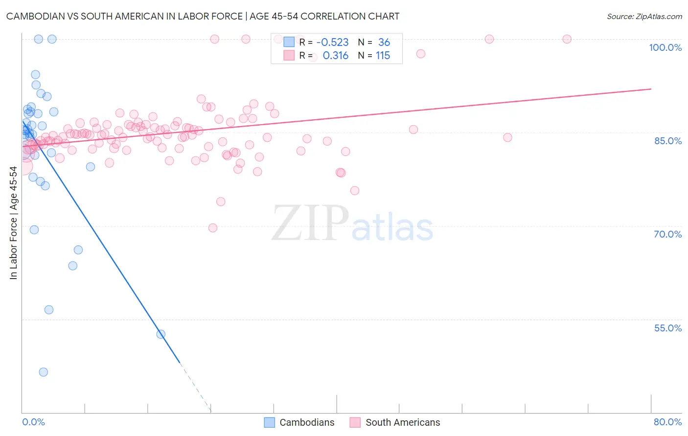 Cambodian vs South American In Labor Force | Age 45-54
