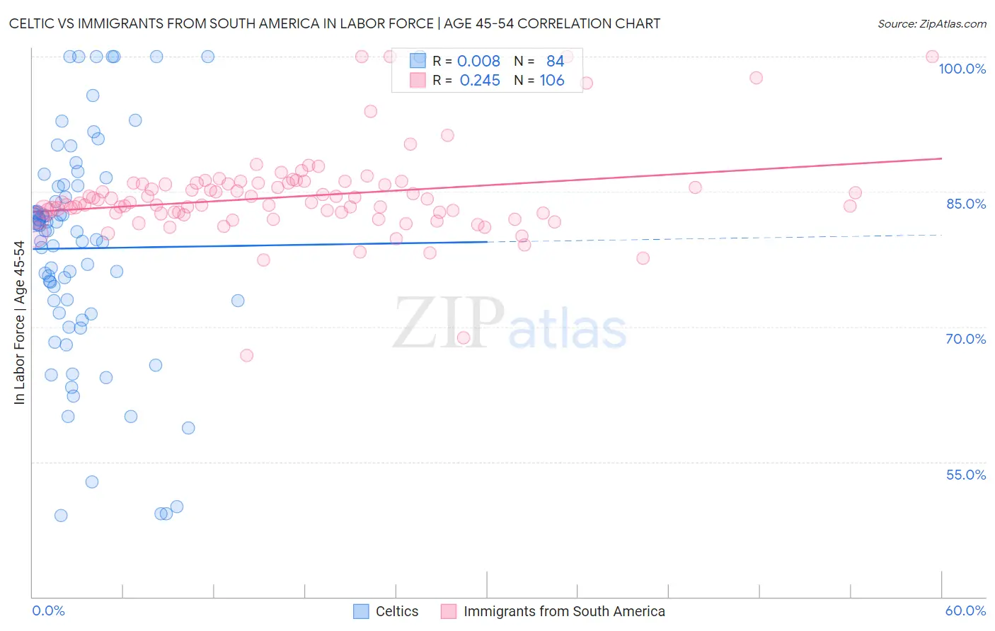 Celtic vs Immigrants from South America In Labor Force | Age 45-54