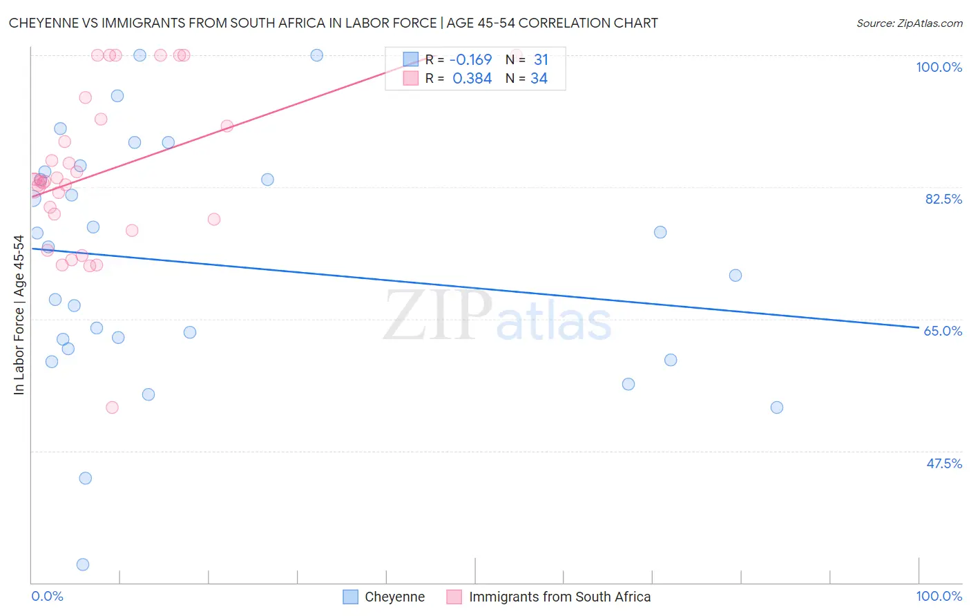 Cheyenne vs Immigrants from South Africa In Labor Force | Age 45-54