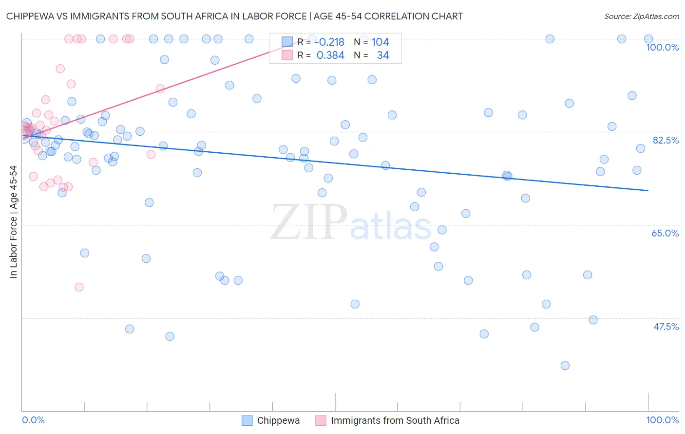 Chippewa vs Immigrants from South Africa In Labor Force | Age 45-54