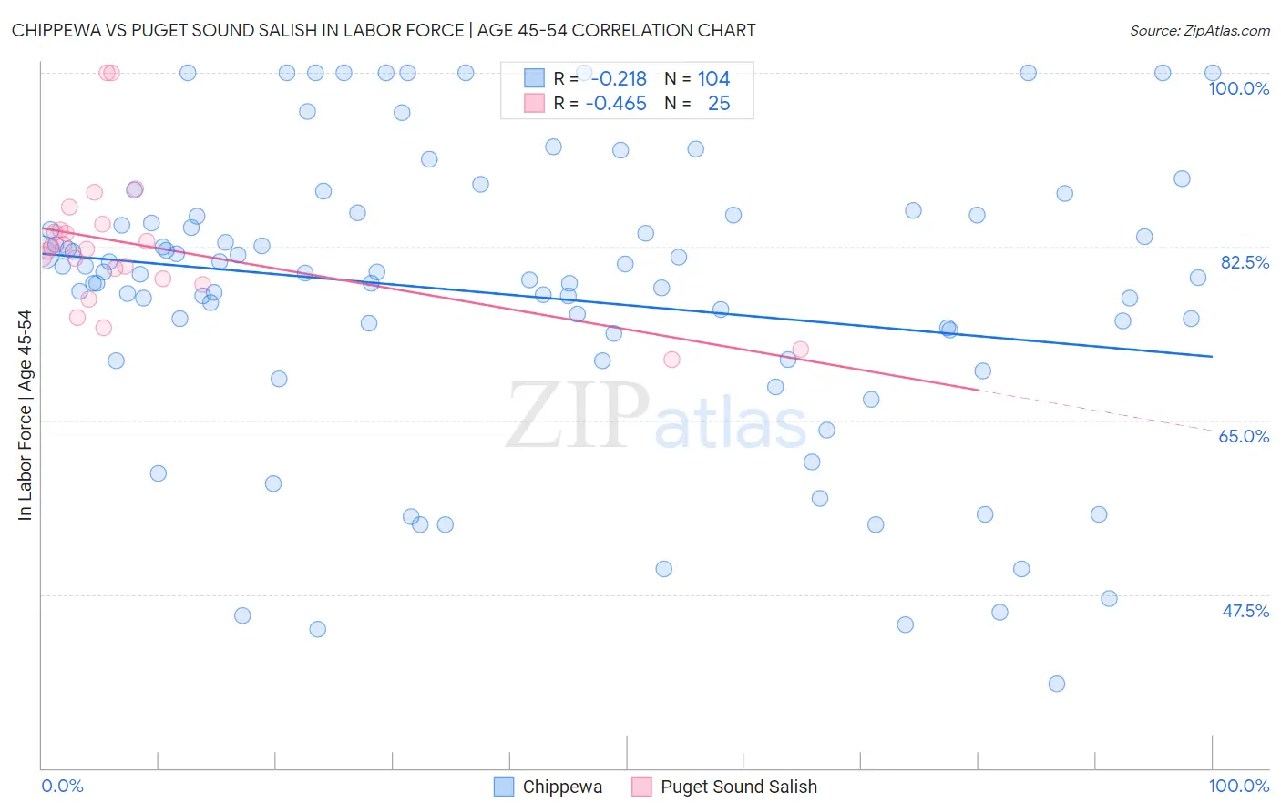 Chippewa vs Puget Sound Salish In Labor Force | Age 45-54