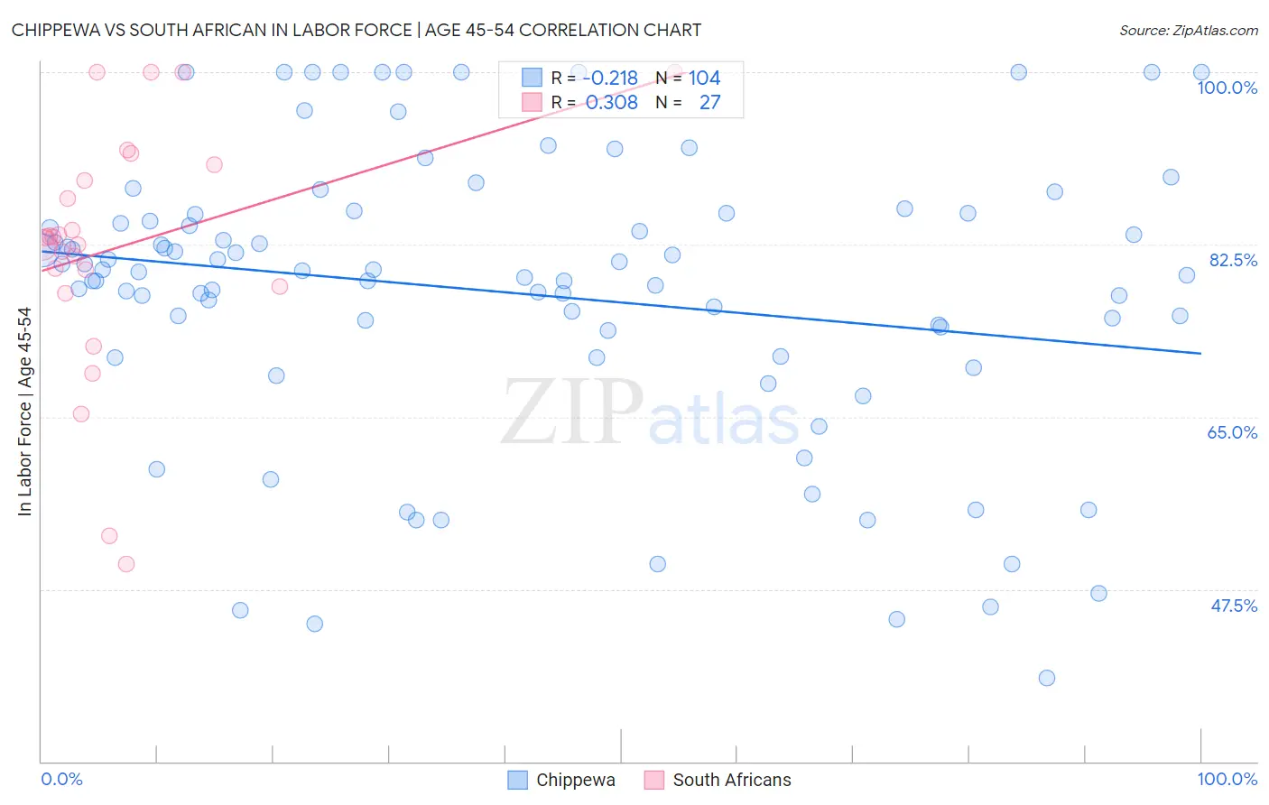 Chippewa vs South African In Labor Force | Age 45-54