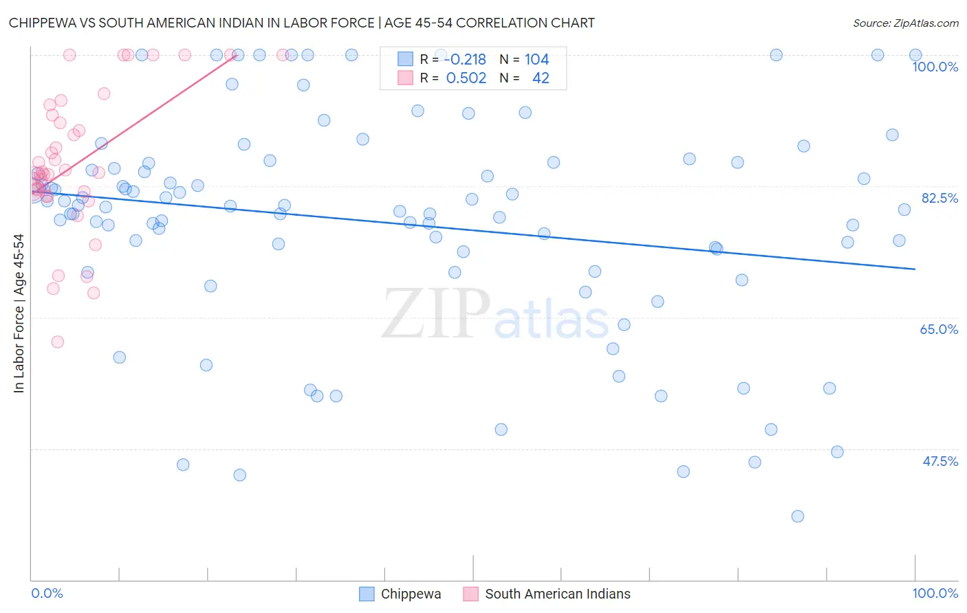 Chippewa vs South American Indian In Labor Force | Age 45-54