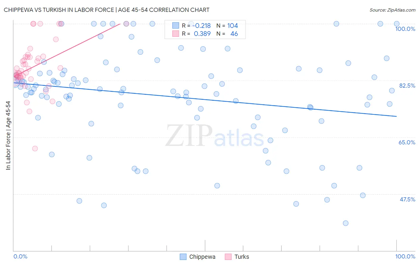 Chippewa vs Turkish In Labor Force | Age 45-54
