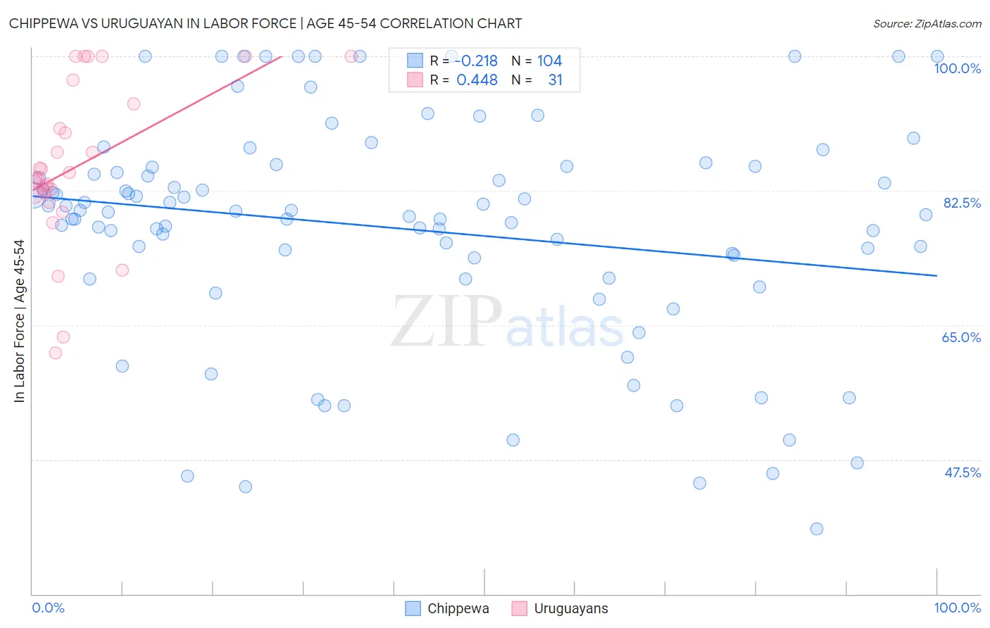 Chippewa vs Uruguayan In Labor Force | Age 45-54