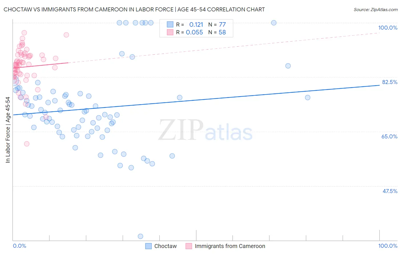 Choctaw vs Immigrants from Cameroon In Labor Force | Age 45-54