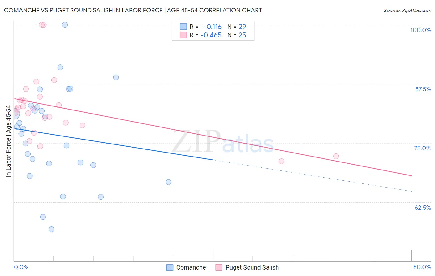 Comanche vs Puget Sound Salish In Labor Force | Age 45-54