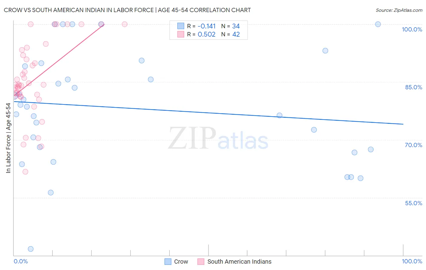 Crow vs South American Indian In Labor Force | Age 45-54