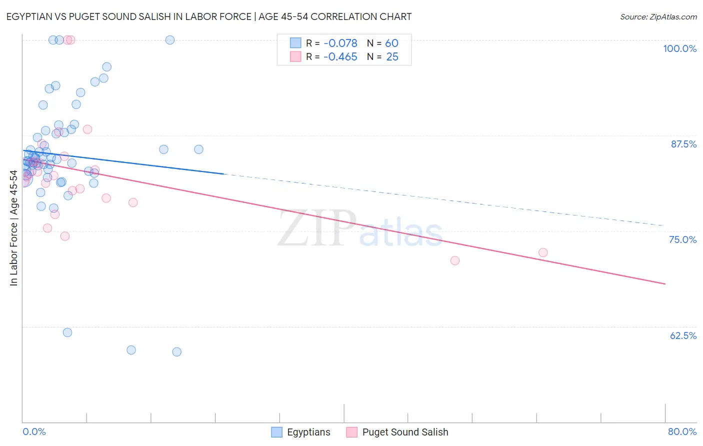 Egyptian vs Puget Sound Salish In Labor Force | Age 45-54